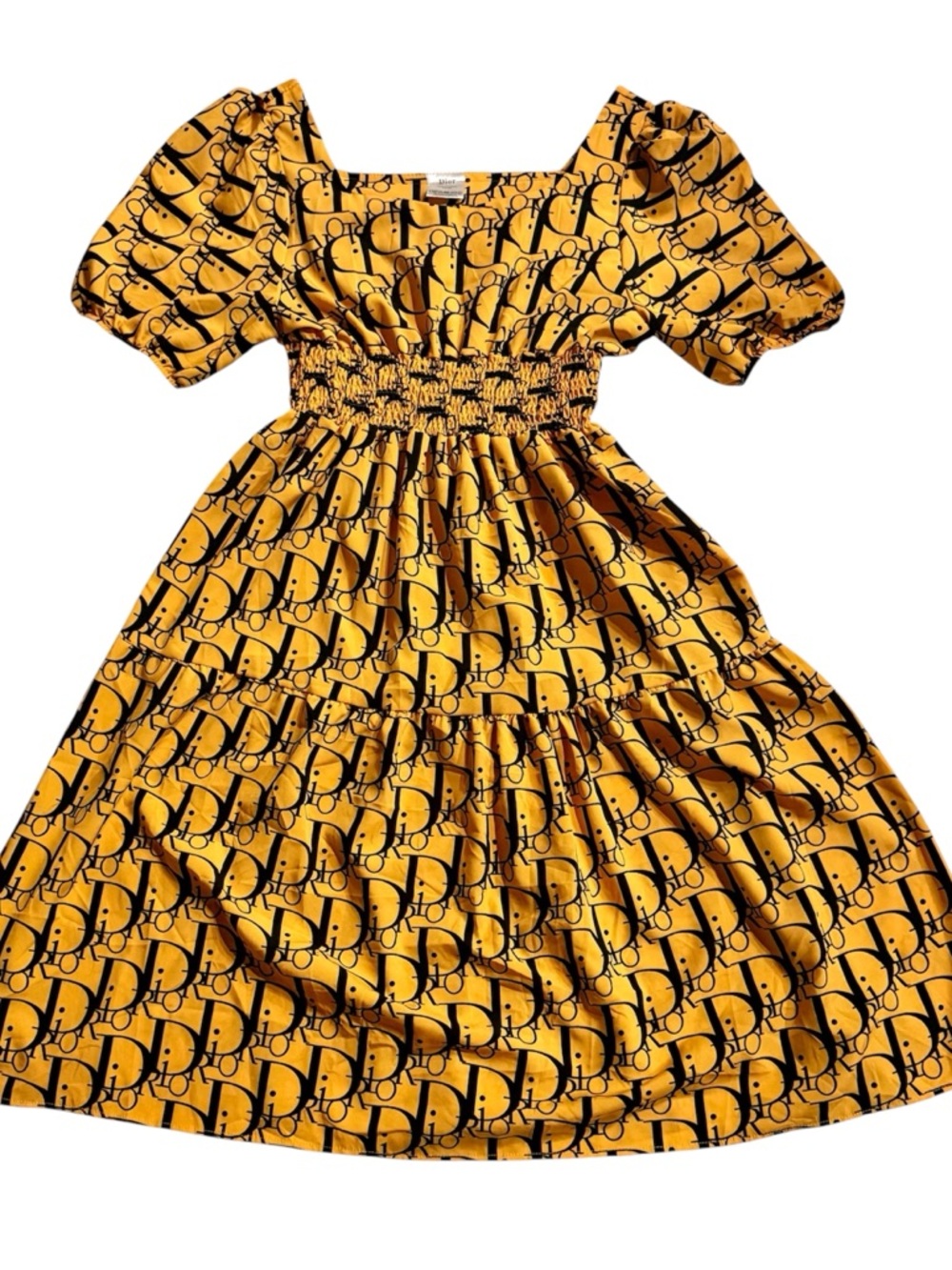 Midi length dress square neck line, mustard yellow & black Dior print fabric - Picture 7 of 15